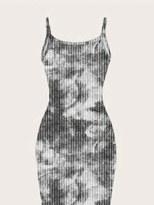 SHEIN EZwear 休閒性感極簡黑白街頭圖案印花貼身長洋裝，適合夏季夜店外出 - 灰色 - 查看 7