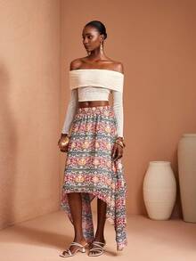 JIAN LASALA All-Over Print Chiffon Elastic High Waist Asymmetric Long Skirt Women Casual Holiday Wear Asymmetrical Skirt Boho Skirts For Women Maxi Skirt Long Floral Skirt Beach Wedding Guest - Multicolor - View 6