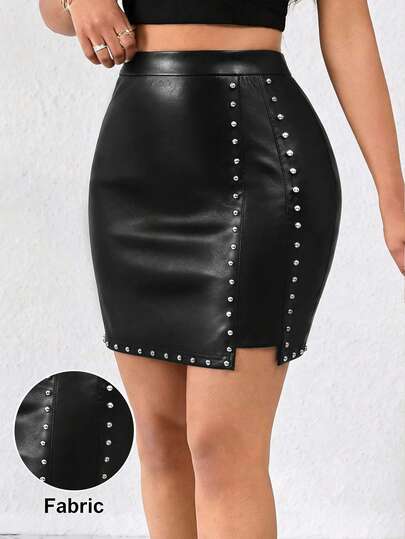 SHEIN Lady Women's Solid Color Rivet Decor Slit Bodycon Sexy Mini Skirt