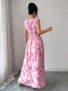 Modelyn Đầm voan nữ mùa hè in hình bướm, cổ tròn, xếp ly, không tay. - Hồng - Xem 3