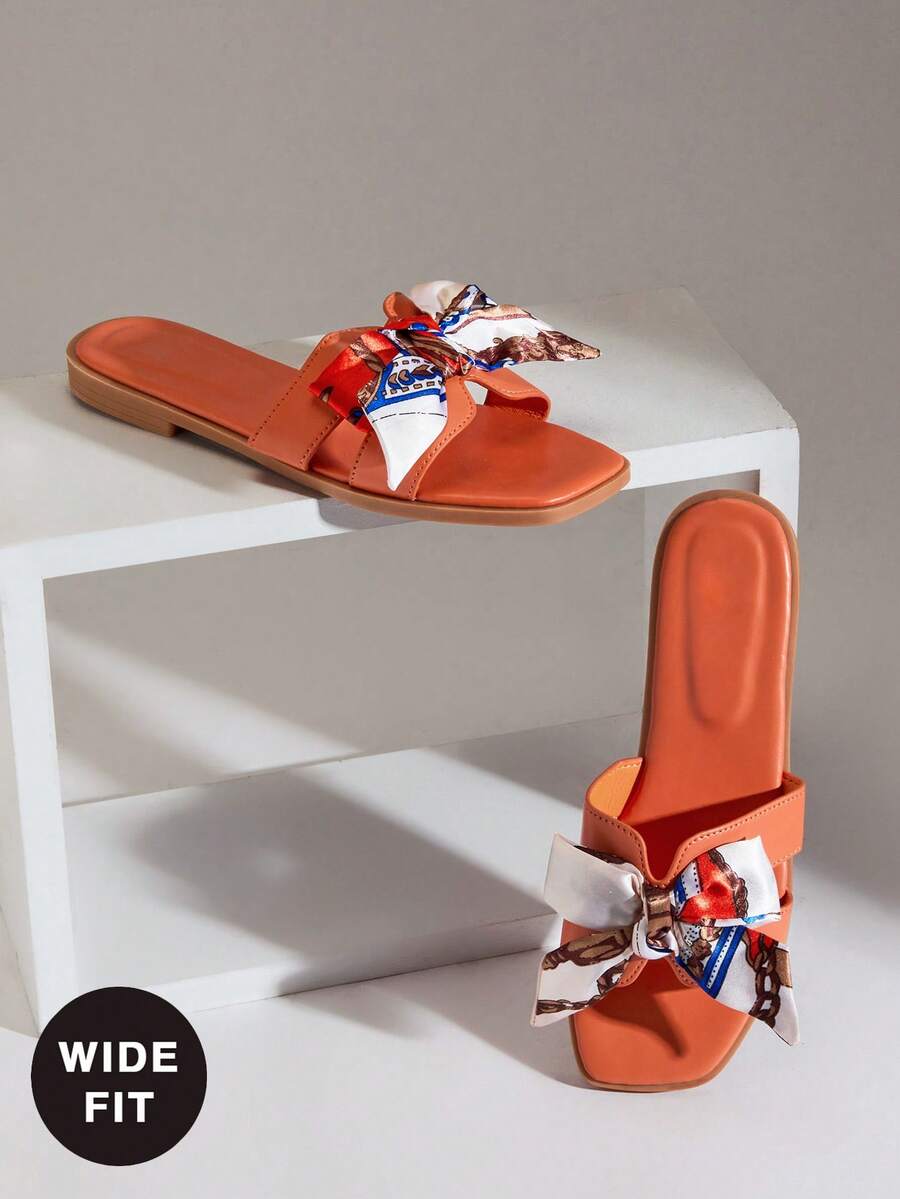 SHUZIA 女士宽楦优雅缎带装饰平底凉鞋 - 橘色 - 查看 1