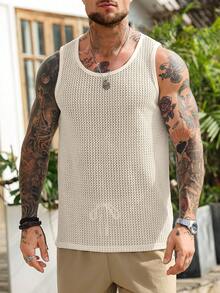 男士夏季休闲度假风纯色镂空提花宽松背心 - 杏色 - 查看 4