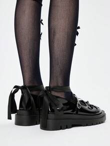 ROMWE 女士时尚甜美蝴蝶结装饰系带平底鞋 - 黑色 - 查看 5