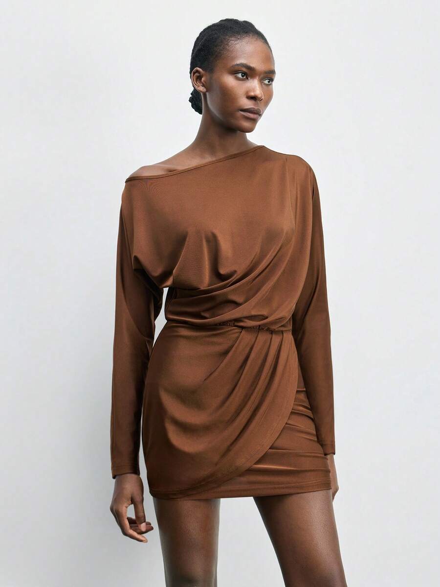 Maija Short Stand Collar Long Sleeve Dress Draped Dress Brown Short Dress Rust Brown Dress Coffee Brown Dress Valentine's Day Spring To Summer Party Dress - Brown - View 1