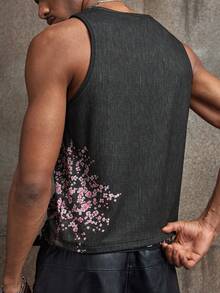 AXEPEAK Men's Casual Floral Print Tank Top, Summer - Black - View 3