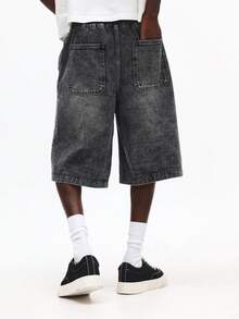 SUMWON 复古水洗牛仔长款紧身裤，宽松舒适，及膝长度，抽绳腰带，阔腿设计，休闲夏季沙滩短裤 - 灰色 - 查看 2