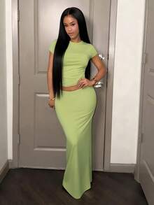 Slaydiva 新款春夏音乐节情人节复活节休闲简约基础款Y2K街头甜美畅销日常约会辣妹风性感运动风返校季圆领短袖天使英文印花露脐短款T恤+修身半身裙H型长裙心形印花薄荷绿套装女装两件套 -A - 薄荷綠 - 查看 9