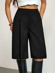 SHEIN Tall Casual Black Woven Fabric Bermuda Shorts For Women Zipper Detail Straight Leg Mid-Length - Black - View 8