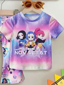 SHEIN 可爱迷你波点渐变奶油粉，趣味字母“可爱、聪明又有点戏剧化❤”女婴休闲简约短袖圆领T恤和喇叭裤套装，夏季穿搭，舒适百搭，适合秋季叠穿，时尚女婴，休闲装，女婴图案服装，返校季，秋季服装，返校节 - 彩色 - 查看 5