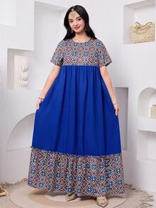 SHEIN Đầm dài tay ngắn, kiểu dáng chắp vá, mới, thích hợp cho các lễ hội, tiệc tùng và mặc hàng ngày, áo choàng Abaya truyền thống Trung Đông dành cho nữ tuổi teen. - Màu xanh lam - Xem 7
