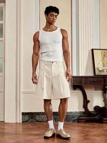 SWAVVY 男士梭织休闲宽松纯色短裤 男士休闲短裤 男士白色短裤套装 男士无袖套装 男士短裤套装 背心 男士白色背心 男士褶皱短裤 男士短裤套装 背心 单件装 男士短裤套装 - 杏色 - 查看 5