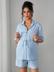SHEIN 两件套条纹舒适系带孕妇装 - 彩色 - 查看 3