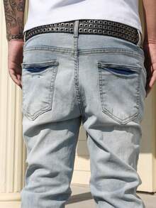 Manfinity EMRG Men's Light Blue Distressed Patch Horseshoe Slim Fit Flared Jeans Mens Ripped Jeans Streetwear Jeans - Light Wash - View 8