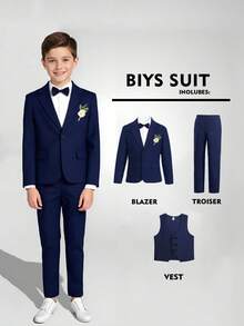 SHEIN 青少年男童绅士三件套：双排扣马甲+西装外套+西裤，生日派对、庆典、婚礼、洗礼、周年纪念等正式场合穿着
