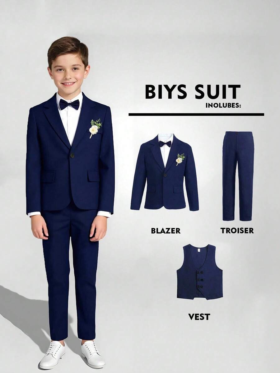 SHEIN 青少年男童绅士三件套：双排扣马甲+西装外套+西裤，生日派对、庆典、婚礼、洗礼、周年纪念等正式场合穿着