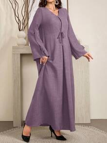 Al Najma 女士优雅宽松舒适蝴蝶结竹结亚麻连衣裙长款女装 - 紫色 - 查看 8