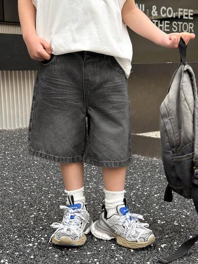 SHEIN Young Boy Summer Retro Vintage Washed Cat Whiskers Loose Fit Blue Denim Bermuda Shorts,Young Boy Spring/Summer Streetwears And Spring Break