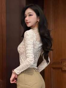 DAZY Women's Fuzzy Lace Patchwork Long Sleeve T-Shirt, Suitable For Autumn/Winter, Party, Back To School Spring - Beige - View 12
