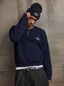 AXEPEAK 男士秋冬字母刺绣麻花针织落肩毛衣