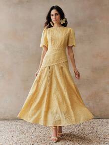 Anewsta 优雅花卉饰边圆领收腰短袖连衣裙（女款） - 黃色 - 查看 6