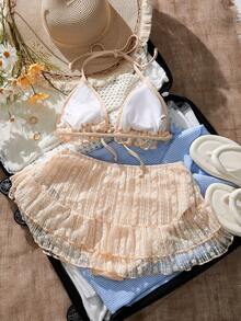 Bellisia 女士甜杏色蕾丝三角罩杯比基尼泳衣沙滩裙套装，夏季 - 杏色 - 查看 5