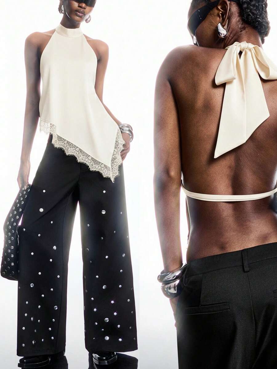 LYSMO 2026新款极简秋冬女式纯色立领无袖荷叶边不对称下摆时尚背心，米色 - 米色 - 查看 1