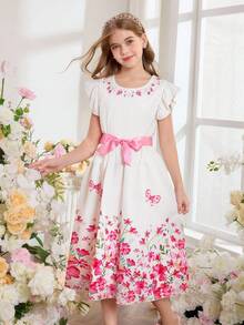 SHEIN 2pcs/Set Girls Cute Summer White Milk Silk Floral Print Round Neck Flutter Sleeve Top And Butterfly Elastic Waist Skirt,Tea Party Vacation Outfit - White - View 5