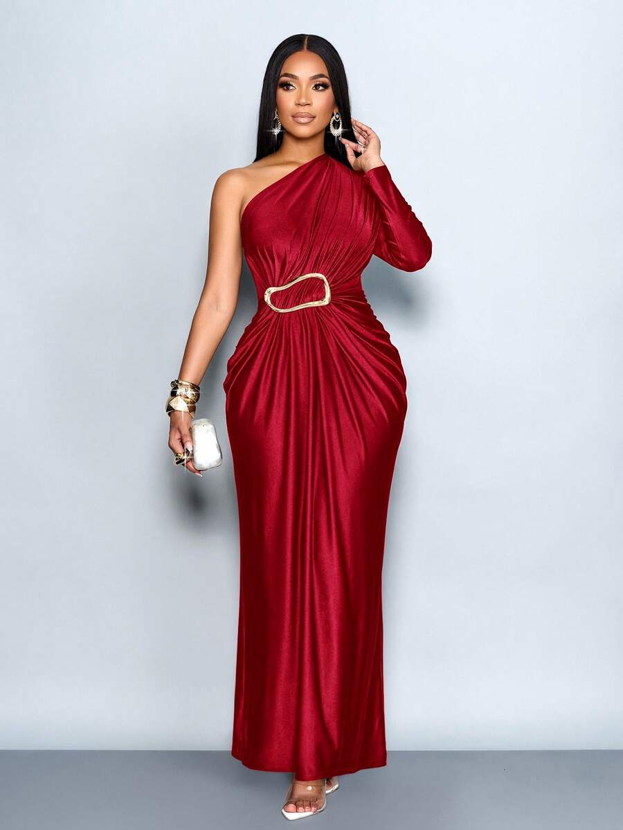 SOLERSUN 女士咖啡色不对称领口长袖金属装饰修身连衣裙，适合度假、浪漫婚礼、毕业典礼、舞会、节日、秋季穿着，也适合圣诞节派对、度假和情人节约会。 - 酒紅色 - 查看 1