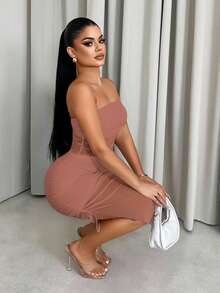 Sirith 女士纯色抹胸网纱拼接不对称下摆无袖连衣裙 - 藕粉色 - 查看 3