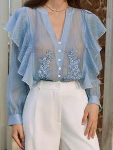 Dazy-Less Women's Embroidered Keyhole Neck Sheer Ruffle Trim Long Sleeve Blouse Vacation - Blue - View 1