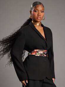 NYA SZN Lydia Printed Jacket Blazer Oversized Button Up Plunge Neck Modest Old Money Business Casual Everyday Casual Vintage Church Office Teacher Back To School Spring Winter Valentines Suitable For Commuting Outfits For Women - Black - View 6