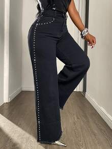 Slaydiva Spring/Summer Women's Casual Washed Rhinestone Embellished Wide Leg Jeans - Black - View 6