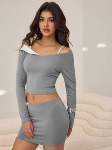 Aidyla 2pcs/Set Contrast Color Off-Shoulder Cropped Long Sleeve Top + Low Waist Contrast Color Bodycon Skirt, Chic Commuter Outfit For Women - Grey - View 4