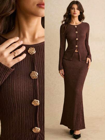 Poéselle 女士纯色简约长袖上衣和半裙套装，日常穿着