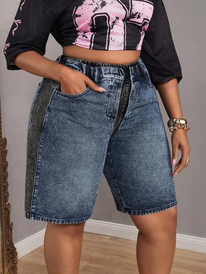 Slaydiva 大码女式无弹力牛仔短裤，黑蓝拼接二合一设计，松紧腰，直筒裤型，休闲街头风牛仔裤