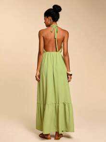Travachic Einfarbiges Kleid mit Bindedetail am Hals, rückenfreier Lässig Urlaubskleid - Grün - Übersicht 2