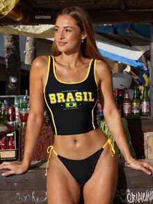 Swim Vcay 女士休闲度假巴西字母印花比基尼套装，春夏款 - 黑色 - 查看 4