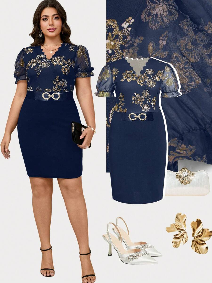 Ellevyn Große Größen Blume Muster V-Ausschnitt figurbetonte elegante Kurzarm Kleid - marineblau - Übersicht 1
