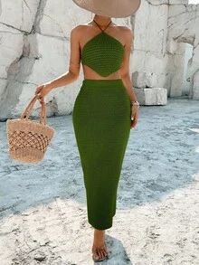 Breezaya Bộ đồ 2 món thanh lịch cho kỳ nghỉ thường ngày, màu trơn, kiểu cổ yếm, vạt bất đối xứng gồm áo và chân váy. - xanh quân đội - Xem 4