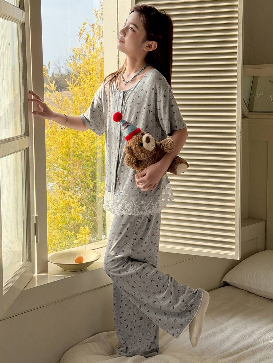 Dazy Kids Tween Girl Ditsy Floral Long Sleeve Top And Pants Pajama Set Spring - Grey - View 1