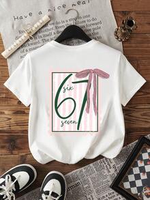 EMERY ROSE Áo thun nữ cổ tròn in hình khẩu hiệu kỹ thuật số 67, họa tiết nơ sọc hồng dễ thương, thích hợp cho mùa xuân/hè, quà tặng cho nữ, áo thun ngày lễ, áo thun thời trang, áo thun làm đẹp, quà tặng cho chị em gái, áo thun vui nhộn, áo thun thời trang đơn giản thường ngày. - trắng - Xem 2
