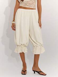 SHEIN BAE 女士纯色弹力腰荷叶边七分裤 - 杏色 - 查看 4