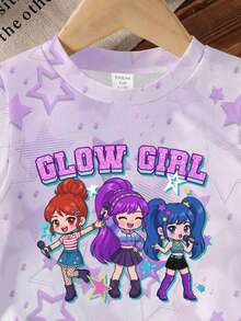 1 Stück Mädchen Lässiges, süßes, beliebtes 3-Mädchen-Gruppe Stern Lila Muster T-Shirt, geeignet für Frühling/Sommer, Alter 4-7, weich und hautfreundlich, modisches und stilvolles Design, lässt Kinder im Frühling/Sommer im Mittelpunkt stehen - Verschiedenfarbig - Übersicht 4