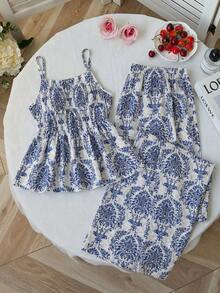Sparklyn 两件套少女优雅休闲度假风印花吊带背心和直筒裤套装，图腾波西米亚图案，轻盈梭织面料，抽绳腰带设计，适合假日旅行和休闲穿着。 - 藍色 - 查看 2