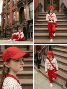 SHEIN Casuvi Kids Young Girl's Red 2 Pieces Set: Casual And Stylish Preppy V-Neck Sweatshirt With "79" And Los Angeles Pattern & Crew-Neck Sweatshirt With Wide-Leg Trousers, Suitable For Autumn And Winter - Red - View 5