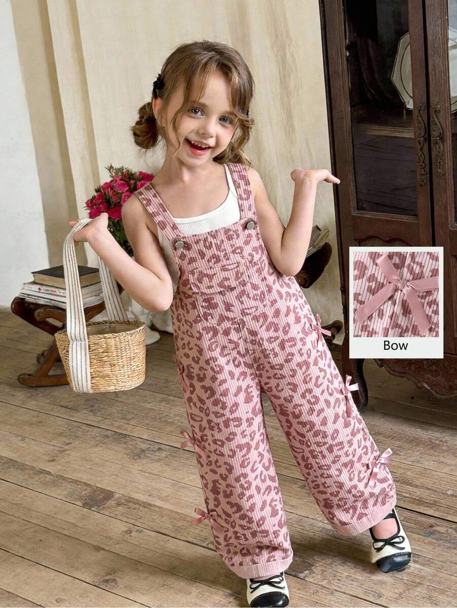 SHEIN ChillGRL Young Girls Casual Leopard Print Overalls, Pink Bow Decor, Loose Straight Leg, Soft & Comfortable Fabric, Suitable For Daily Casual Wear, School And Commute, Spring/Summer/Autumn/Winter - Pink - View 1