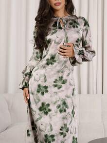 Veilorie 女士印花系领喇叭袖优雅阿拉伯风格连衣裙 - 彩色 - 查看 6