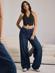 Aidyla 女士蕾丝边V领条纹背心 - 黑色 - 查看 7