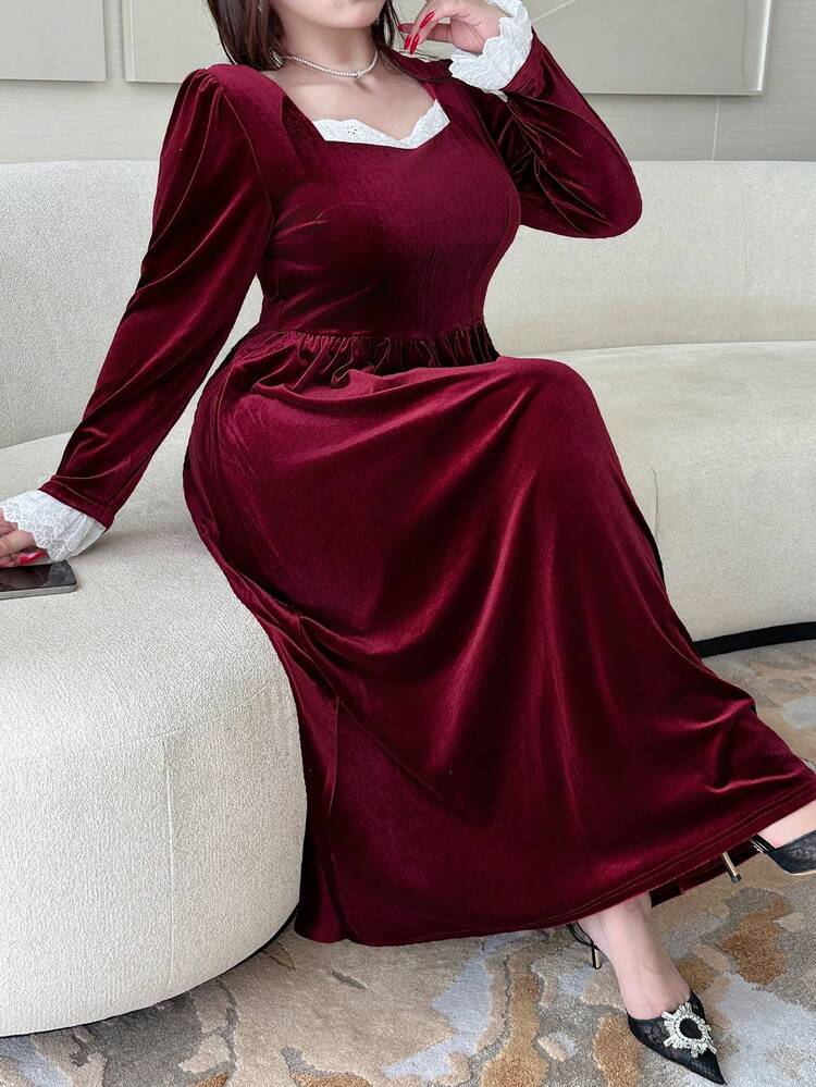 Dazy Plus Velvet Contrast Lace Elegant Fitted Red Chinese New Year Dress, Long Sleeve, Plus Size, Spring/Autumn Sundress