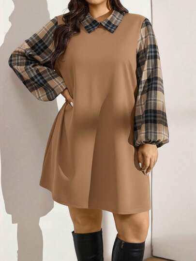 Zelara Plus Size Women's Autumn/Winter Plaid Pattern Contrast Sleeve Shirt Collar Long Sleeve Casual Dress Thanksgiving Outfit Holiday Party Dress Party Dresses For Women